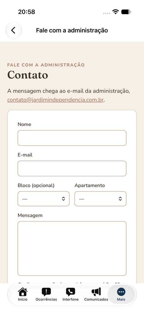 Jardim Independência: Formulário Fale com a administração