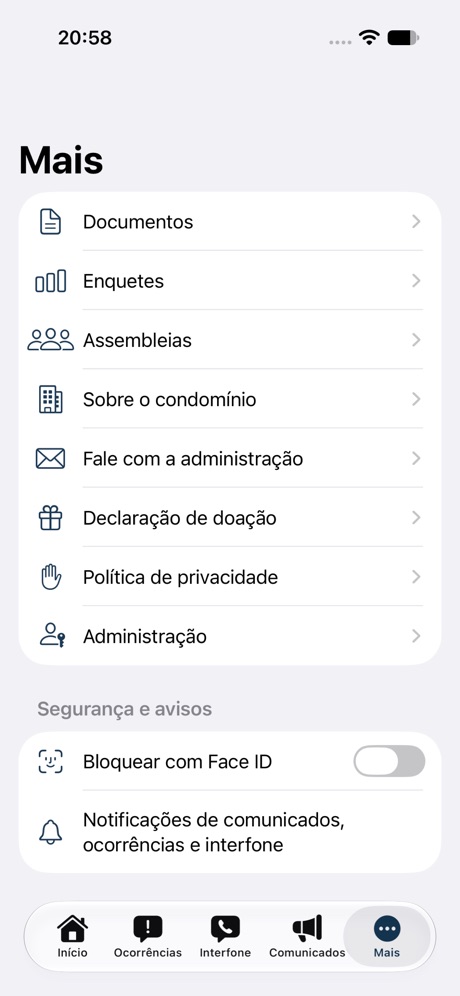 Jardim Independência: Menu com documentos, enquetes, assembleias e bloqueio por Face ID