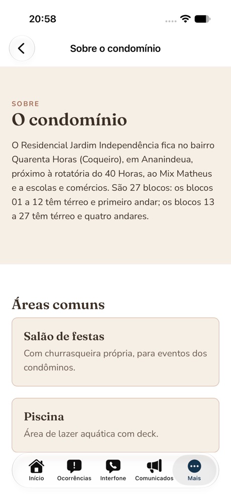 Jardim Independência: Tela Sobre o condomínio, com as áreas comuns