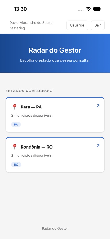 Radar do Gestor: Seleção de estados e municípios com acesso