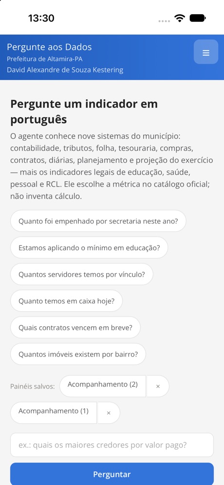 Radar do Gestor: Tela Pergunte aos Dados, com perguntas em português respondidas por IA